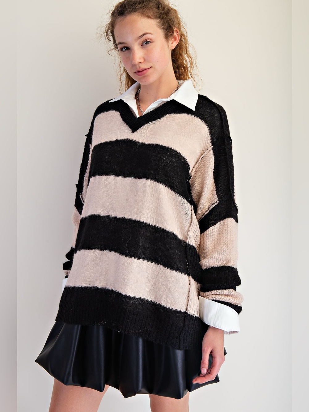 554. EASEL Sage Green Cowl-Neck Speckled Stripe Sweater